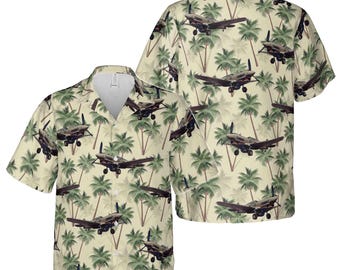 Camisa hawaiana retro con diseño de avión y palmeras hawaianas, tallas S-5XL