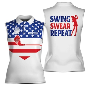 American Flag Women&#39;s Sleeveless Golf Polo: Swing Swear Repeat Design
