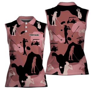 Pink Camouflage Golf Girl Custom Name 3D Women Sleeveless Polo Size XS-4XL