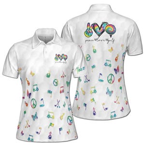 Aangepaste naam kleurrijke aquarel Peace Love Golf damespoloshirt S-5XL
