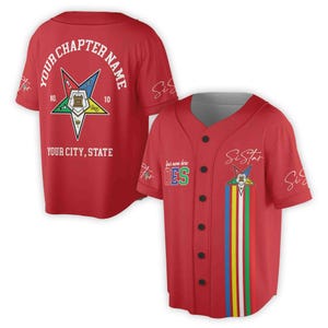 May include: Red baseball jersey with a five-pointed star and the text "Your Chapter Name", "No. 10", and "Your City, State". The star has a yellow center and is surrounded by blue, green, red, yellow, and white stripes.