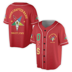 May include: Red baseball jersey with white trim and a gold embroidered star with the letters "OES" on the left side. The back of the jersey has a gold embroidered star with the text "YOUR CHAPTER NAME" and "YOUR CITY, STATE".