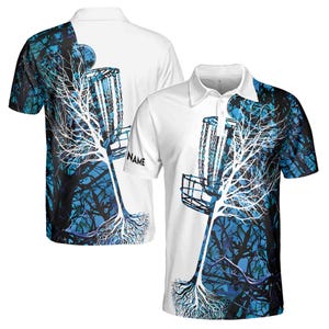 Men Disc Golf Custom Name Blue Camo Disc Golf Basket Men&#39;s Polo Shirt S-5XL
