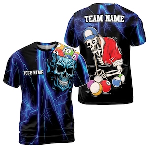 Personalized Blue Lightning Skull Love Billiard Men&#39;s T-shirt S-5XL