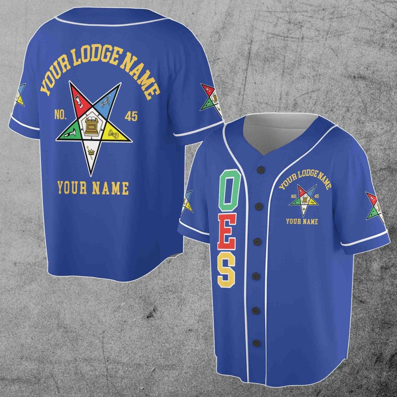 Custom Name Order of the Eastern Star Masonic Lodge OES Pentagon Up Unisex Baseball Jersey S-5XL Blue