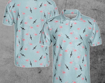 Funny Gun Pink Flamingo Floral Plants Golf Men's Polo Shirt S-5XL