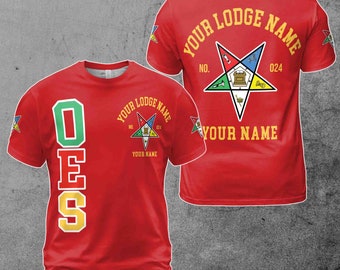 Custom Name Order of the Eastern Star Masonic Lodge OES Red Pentagon Up Unisex 3D T Shirt S-5XL