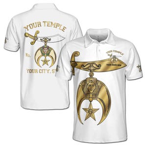 May include: White polo shirt with a gold Masonic symbol on the front and the words "Your Temple" and "Your Name Here" on the shirt. The back of the shirt has the words "Your Temple" and "Your City, State" on it.