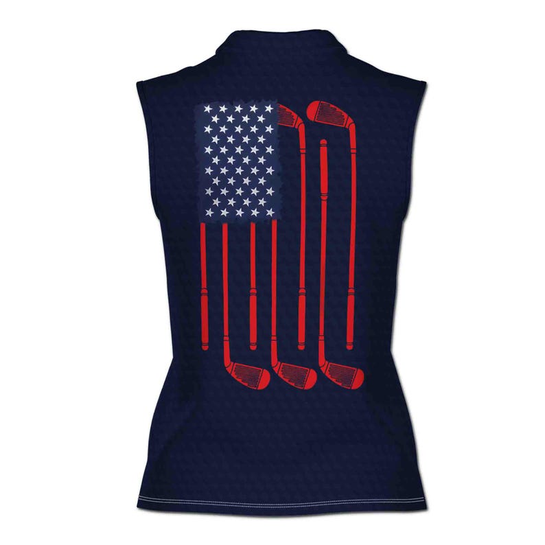 May include: A sleeveless navy blue shirt featuring a red, white and blue American flag design. The flag is made up of five golf clubs with red shafts and white grips.