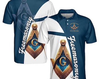 May include: A white and blue polo shirt with a Masonic symbol on the front and back. The symbol is a compass and square with a 'G' in the center. The shirt has the text 'Freemasonry' on the side.