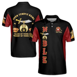 May include: Black polo shirt with red sleeves and accents. The shirt features a design with a sword, crescent moon, and star emblem, along with the text "NOBLE" and "Your Temple Name". The back of the shirt also displays text.