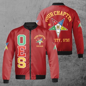 Custom Name Order of the Eastern Star Masonic Lodge OES Pentagon Up Unisex Bomber Jacket S-5XL Red