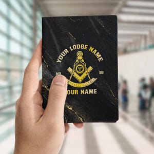 Customized Past Master Symbol Freemasonry Black Gold Leather Passport Wallet