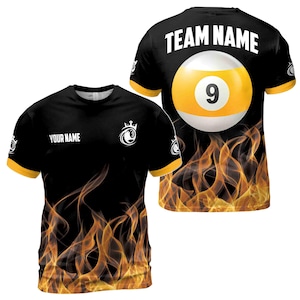 Custom Name Billiard On Flame 9 Balls Men&#39;s T-shirt S-5XL