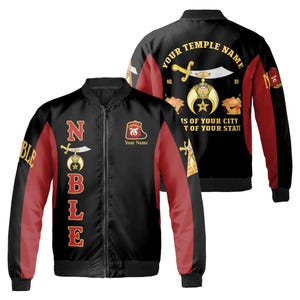 May include: Black bomber jacket with red sleeves and accents. The jacket features gold and white graphics, the word "NOBLE" in red, and the text "YOUR TEMPLE NAME". Includes a zipper closure and a custom name area.