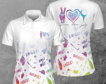 Custom Name Watercolor Peace Love Golf Women's Polo Shirt S-5XL