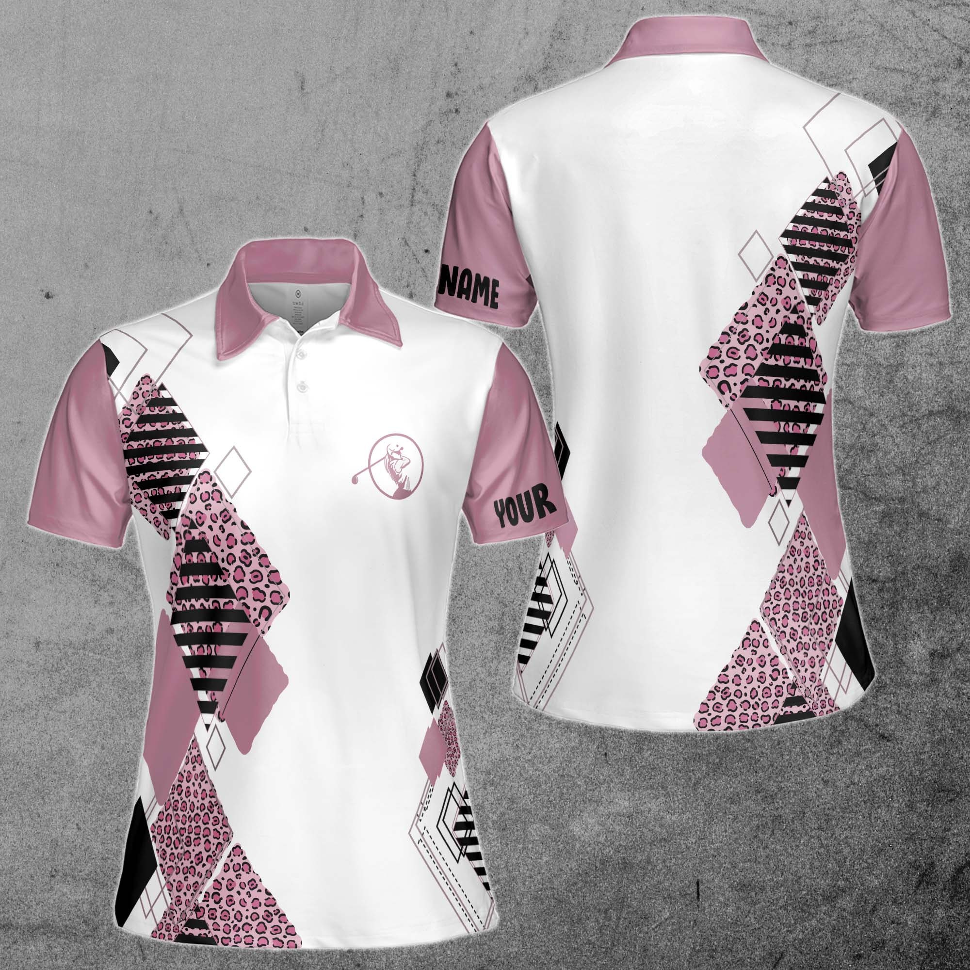 Discover Pink Golf Polo White Shirt Leopard Pattern Custom Name Golf Gift Women's Polo Shirt