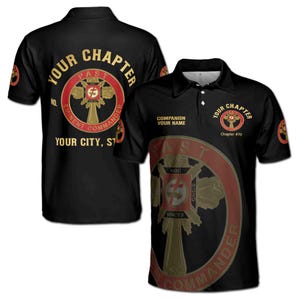 May include: Black polo shirt with a gold and red emblem on the front and back. The emblem features a cross with the words "Past Eminent Commander" and "Hoc Signo Vinces". The shirt also has the text "Your Chapter" and "Chapter #70" on the front and back.