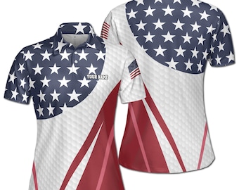 カスタム名入り愛国的なアメリカ柄アメリカンゴルファーレディースポロシャツ S-5XL