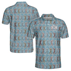 Custom Name Bigfoot Monkey Golf Ocean Blue Men&#39;s Polo S-5XL