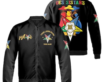 May include: Black bomber jacket with a gold embroidered five-pointed star and the text "YOUR LODGE NAME" on the left side. The right side of the jacket features a gold embroidered five-pointed star with three women in colorful dresses and hats. The text "OES SISTARS" is on the back of the jacket.