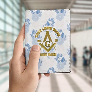 Customized Masonic Symbol Freemasonry Floral White Blue Gold Leather Passport Wallet