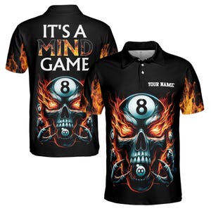 Custom Name It&#39;s A Mind Game Skull 8-Balls Billiard Men&#39;s Polo S-5XL