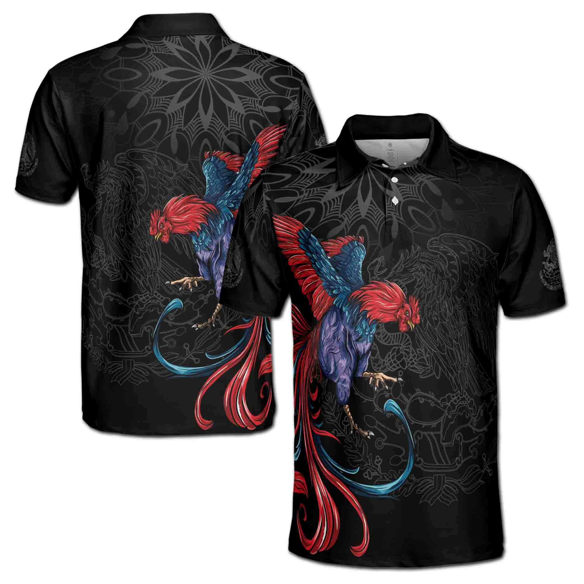 Rooster Graphic Chicken Mexican Aztec Black Eagle Men's Polo Shirt