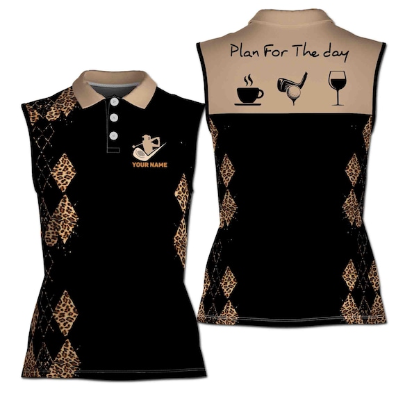 Custom Name Women's Sleeveless Golf Polo: Plan For The Day Argyle Leopard Design