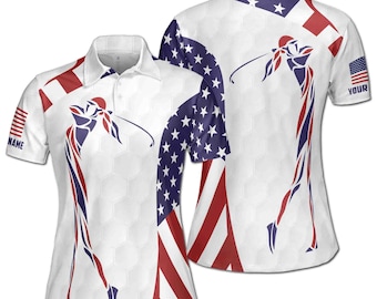 カスタムネーム入りホワイトアメリカ国旗パトリオットゴルフレディースポロシャツS-5XL