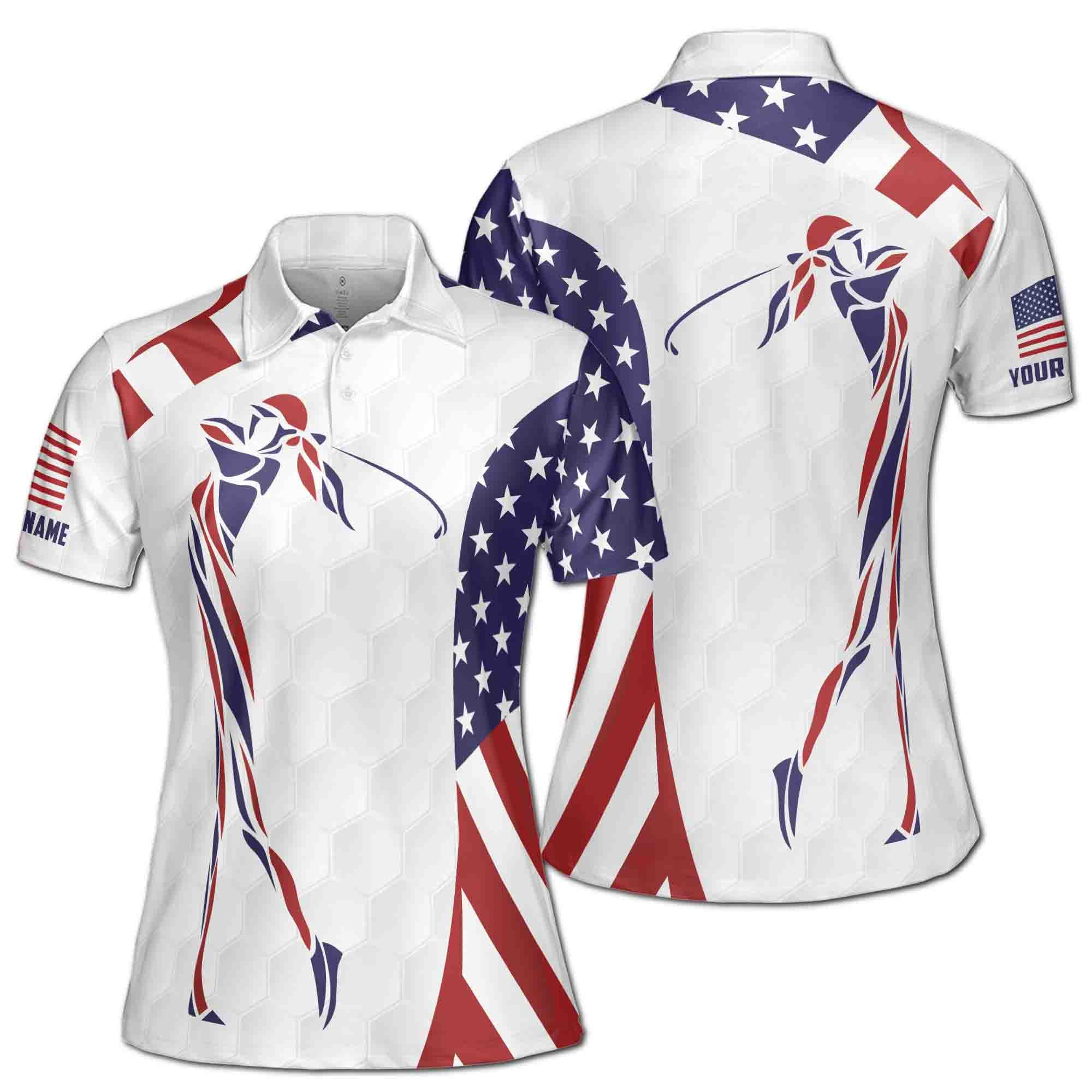 Custom Name White American Flag Patriot Golf Women's Polo Shirt S-5XL