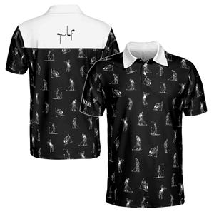 May include: Black and white golf-themed polo shirt with a white collar and a white panel on the back with the word "golf" printed in black. The front of the shirt features a repeating pattern of golfers in various poses.