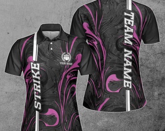 Custom Name Team Name Black Pink Marble Art Bowling Women's Polo Shirt S-5XL