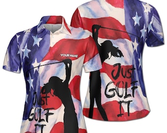 カスタム愛国的な水彩画「アメリカ」Just Golf It レディース ポロシャツ S-5XL