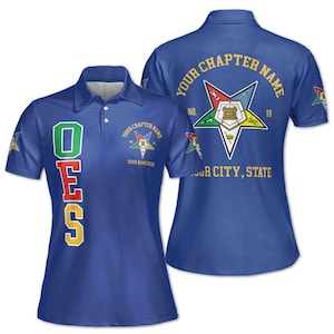 May include: A blue polo shirt with the letters "OES" on the left side and a five-pointed star with the words "YOUR CHAPTER NAME" and "YOUR CITY, STATE" on the right side. The star has a gold outline and is filled with a variety of colors.