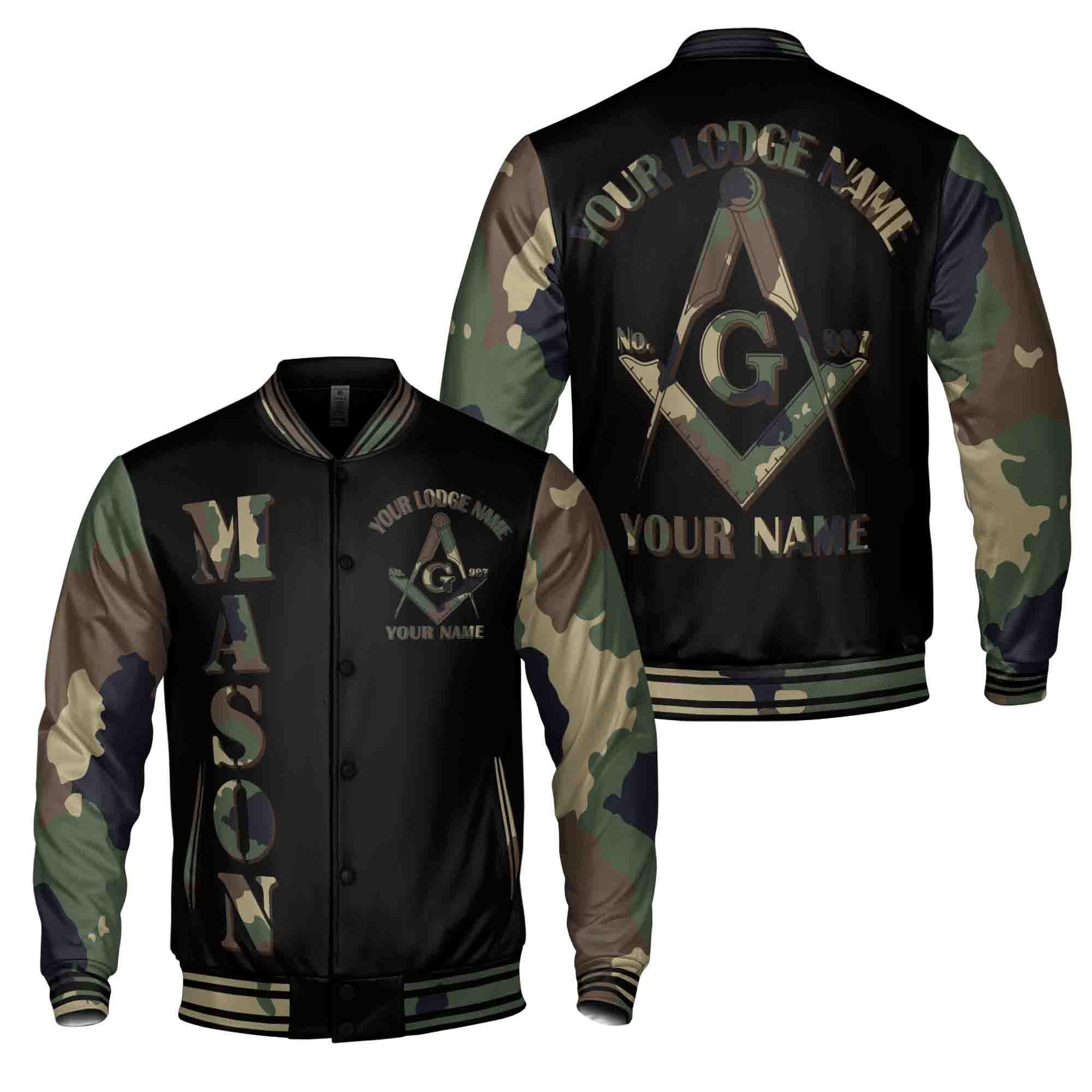Custom Camo Freemason Masonic Symbol, Camouflage Freemasonary 3D Baseball Jacket S-5XL