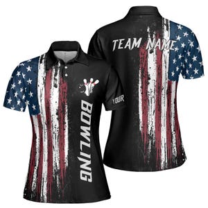 May include: A short-sleeved polo shirt featuring a distressed American flag pattern in black, white, and red. The front displays a bowling ball and pins graphic with the word BOWLING, while the back includes the text TEAM NAME and YOUR.