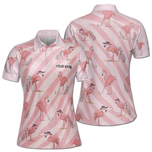 Polo de golf rosa con nombre personalizado y flamenco para mujer tallas S-5XL