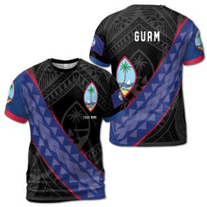 Custom Name Guam Flag with Unique Tribal Tattoo Patterns Unisex T-Shirt S-5XL