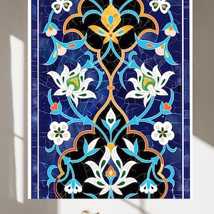 May include: A decorative panel with a detailed floral design. The artwork features a dark blue background with a mosaic-like texture. The design includes white, black, yellow, and blue floral elements, creating a symmetrical pattern. The panel is framed with a white border.