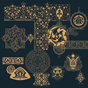 May include: A collection of ornate, gold-colored, floral and geometric design elements on a dark blue background. The designs include borders, medallions, and corner pieces, suitable for digital art or decorative applications.