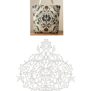 Può includere: Borsa tote color crema con un motivo floreale blu navy e oro. La borsa ha una forma rettangolare con un manico bianco. Il design è un motivo floreale simmetrico e dettagliato.