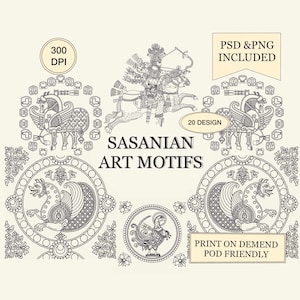May include: A collection of Sasanian art motifs featuring line art illustrations of a mounted archer, winged horses, and mythical creatures in circular frames. Text includes 300 DPI, PSD & PNG INCLUDED, 20 DESIGN, and PRINT ON DEMAND POD FRIENDLY.