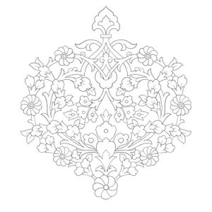 May include: A detailed black and white floral pattern. The design features a symmetrical arrangement of flowers, leaves, and decorative elements. The intricate pattern creates a visually appealing and elegant design, suitable for various applications. The overall shape is a symmetrical floral motif.