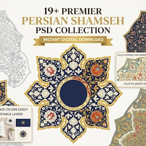 May include: A digital collection of Persian Shams designs. The image features intricate floral patterns in navy blue, gold, and cream. Text includes "19+ Premier Persian Shams PSD Collection" and "Instant Digital Download". Additional text highlights adjustable layers and high resolution.