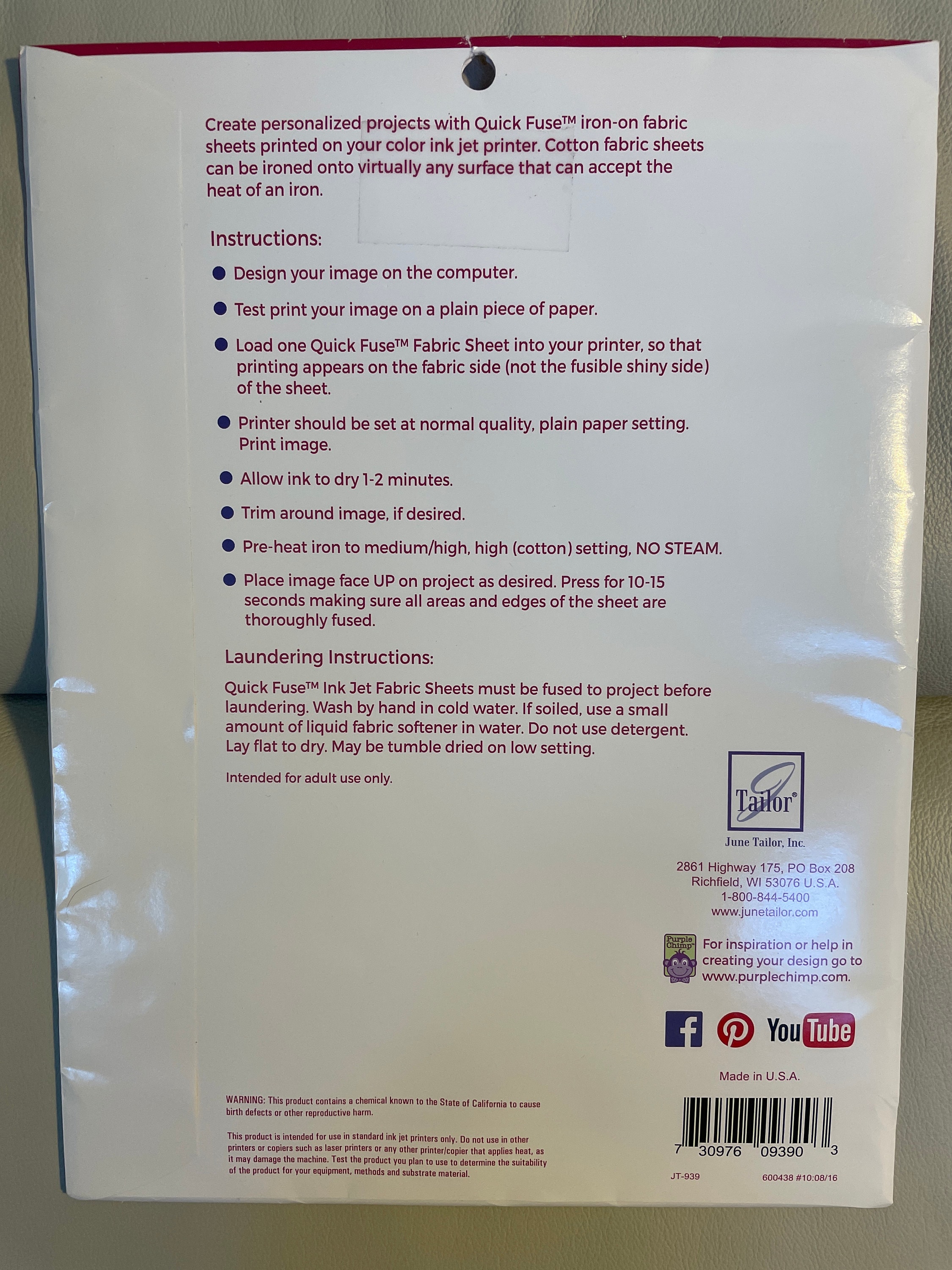 June Tailor Iron on Quick Fuse Fabric Sheets for Inkjet Printers-10 ...