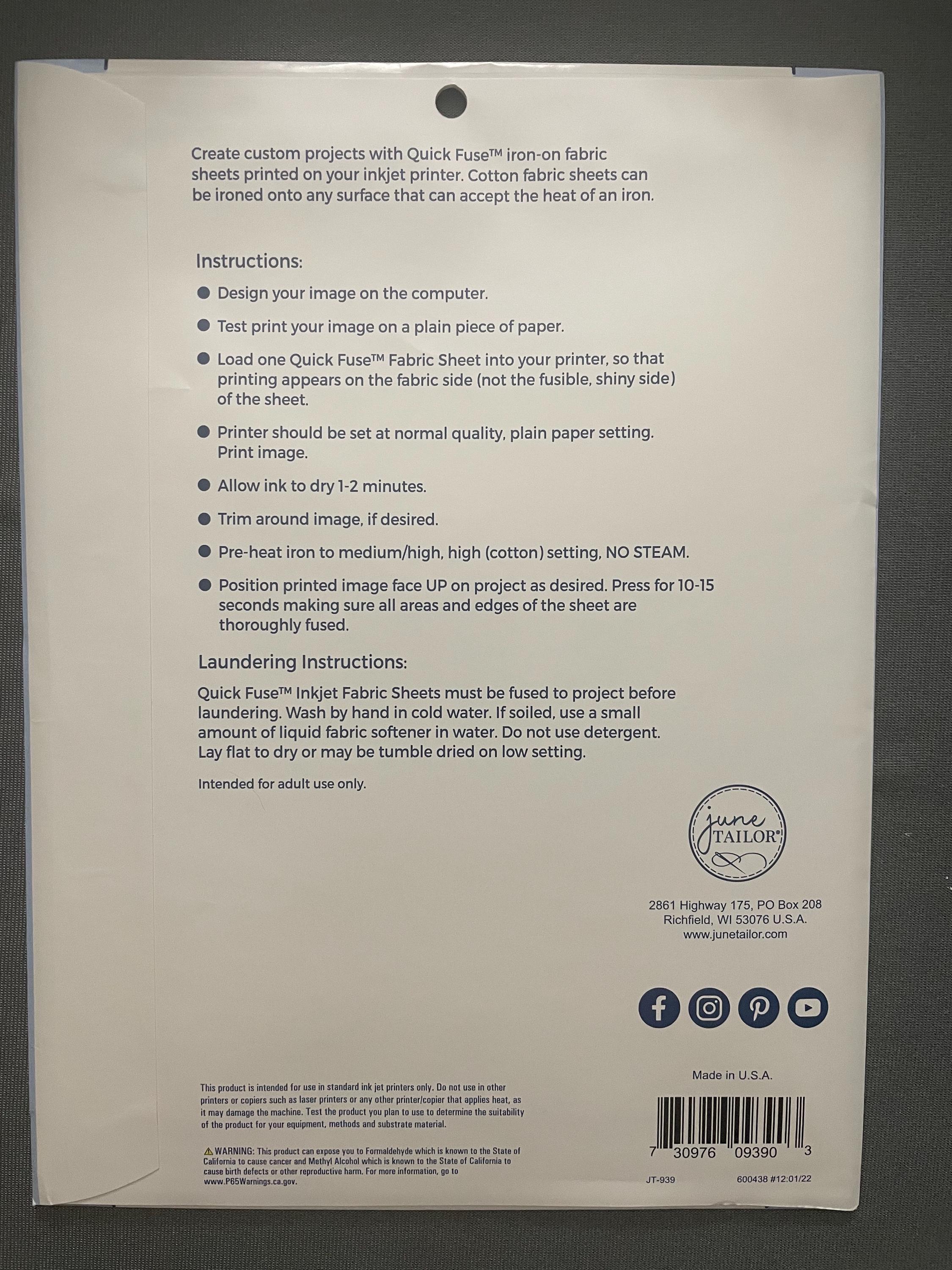 June Tailor Quick Fuse Iron-on Fabric Sheets for Inkjet Printers~10 ...