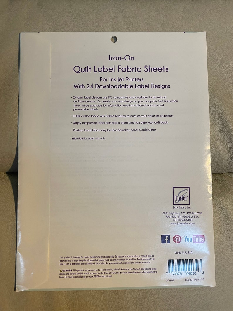 June Tailor Ironon Quilt Label Fabric Sheets for Inkjet Printers With