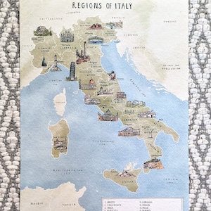 ITALIEN KARTE | A3 Regionen Italiens Handgezeichnet | Original Kunstwerk Wand Kunst Dekor | Handgefertigt