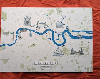 LA GRANDE MOITIÉ | Carte de l'itinéraire de course à pied A4 Londres grande moitié dessinée à la main | Oeuvres d'art originales pour coureurs | Cadeau personnalisé fait main